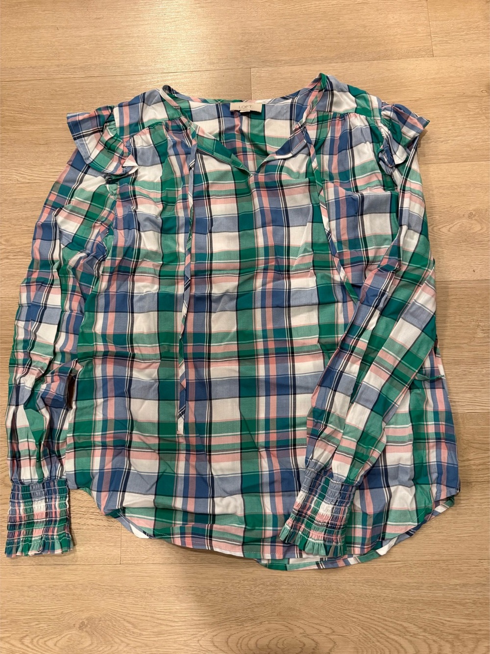 LOFT Plaid Button Down in Green & Blue Size S